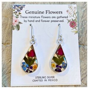 Genuine Flowers Pressed Flowers Sterling Silver Drop Earrings NWT